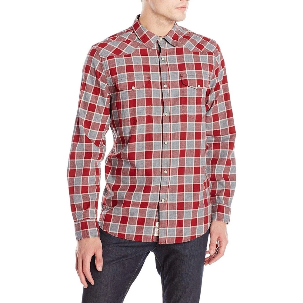 Lucky Brand Santa Fe Western Red Gray Plaid Shirt Men's Size Large Pearl Snaps
